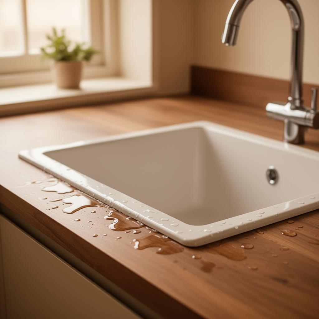Kitchen sink with water pooling on the counter — before NestFix